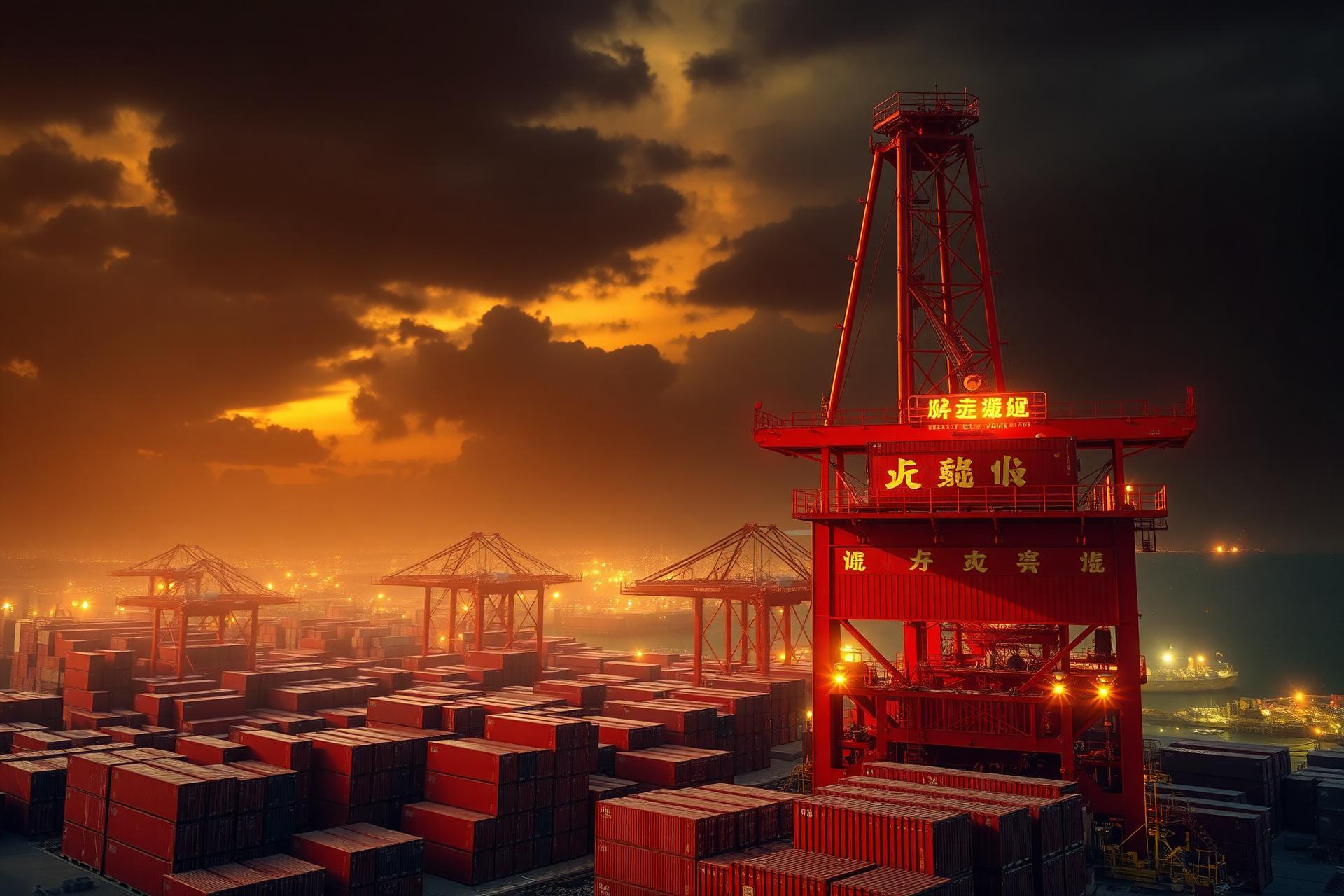 Global container port at sunset